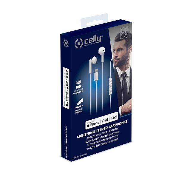 Ufficio del personaggio con Celly Stereo Earphones Lightning in bianco, cuffie compatibili con dispositivi Apple con cavo da 1 metro, audio stereo con frequenza di riferimento di 20 Hz - 20 kHz. 8021735751823 | initpc.it