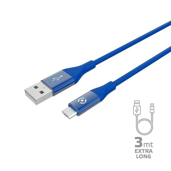 Cable da USB-A a Micro-USB 12W, lunghezza 3 metri, colore blu, marca Celly 8021735747482 | initpc.it