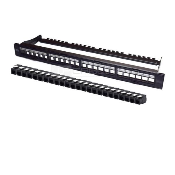 Rete informatica con cassetti dati PANN.1U da 24 porte RJ45 in rame e materiale nero, marca WP Europe, catena di alimentazione a 6 categorie per uso industriale. 8054392618680 | initpc.it