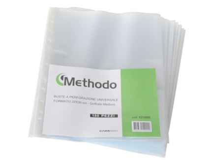 CF50 buste perforate uniche lucide alte, marchio Methodo, ideali per la conservazione e organizzazione dei documenti in ufficio. 8018727212394 | initpc.it