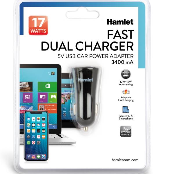 Adattatore auto per due dispositivi con doppia uscita USB, potenza 17W e corrente di 3.4A, compatibile con varie marche come Hamlet. 8000130592514 | initpc.it