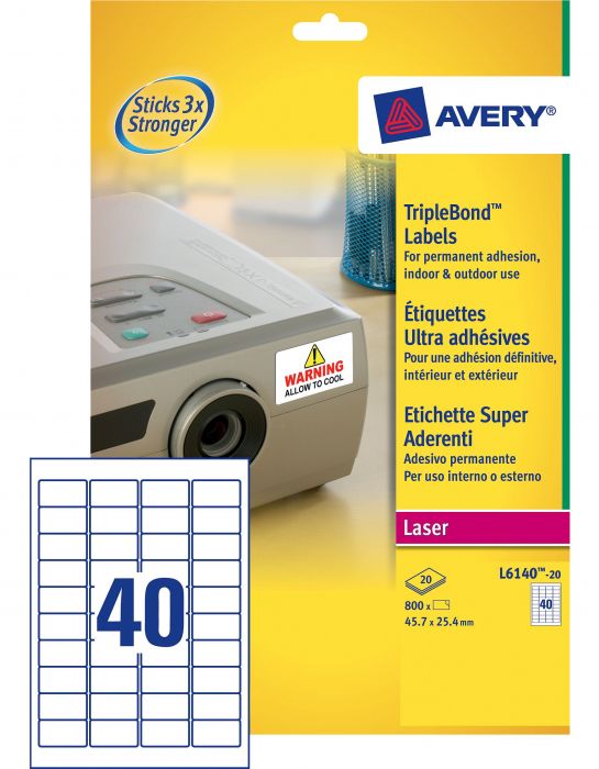 Avery ETICH. SUPER ADERENTI 45.7X25.4 - Etichette bianche superaderenti poliestere da 45,7x25,4 mm, per uso laser, con 40 etichette al foglio, in confezione da 20 fogli 4004182059814 | initpc.it