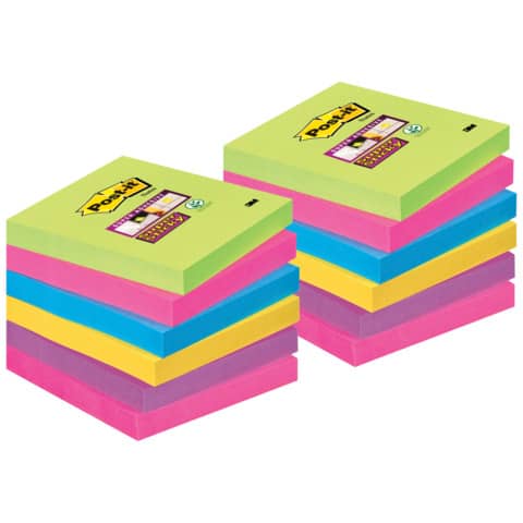 Foglietti Post-it® Super Sticky Notes 76x76 mm assortiti conf. 12 blocchetti da 90 ff - 654-12SSUC