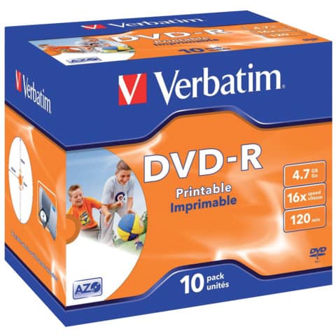 DVD-R Verbatim standard stampabile 4.7 GB - Velocità 16x Jewel Case conf. da 10 - 43521