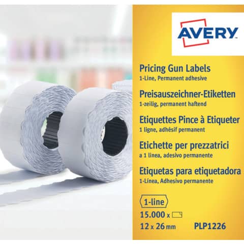 Etichette permanenti per prezzatrici 1 linea Avery 12x26 mm bianco - Conf. 10 rotoli da 1500 etichette - PLP1226