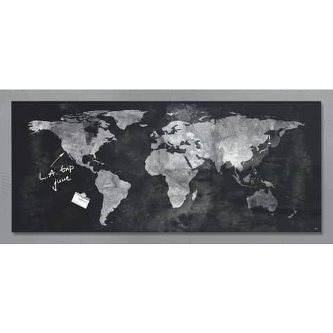 Lavagna magnetica artverum sigel in vetro con worldmap da 130x55 cm 4004360833410