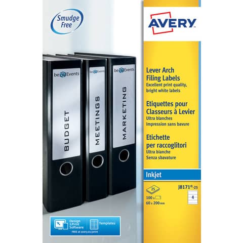 Etichette bianche per raccoglitori Avery QuickDRY™ 60x200 mm - 4 et/foglio - stampanti inkjet - cf 25 fogli J8171-25