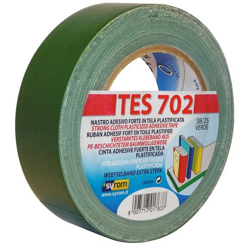 Nastro adesivo in tela Tes 702 SYROM formato 38mm x 25 m - materiale tela plastificata verde - 1763