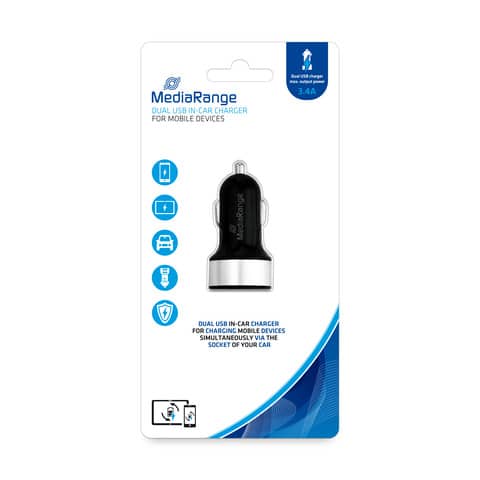 Caricabatteria auto dual usb 3.4a nero/argento mrma103-02 media range 4260459614302