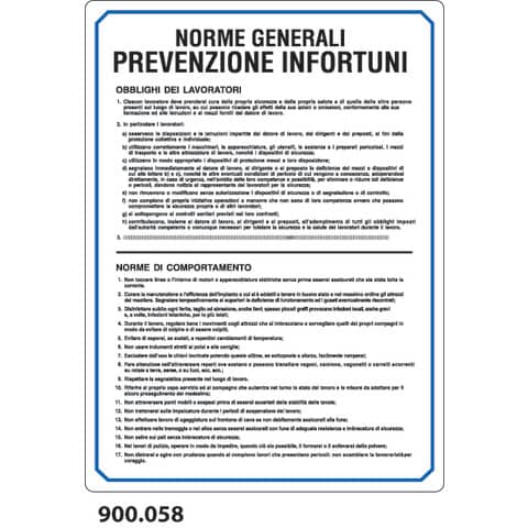 Cartello normativo ''Norme generali prevenzione infortuni'' Dixon Industries 33x47 cm - 900.058