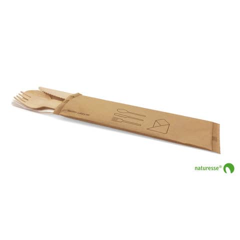 Set posate monouso in legno con tovagliolo 250 pezzi 7611243552183