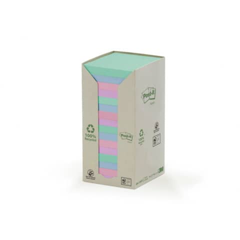Foglietti Post-it® Notes carta riciclata 76x76mm assort pastello Torre da 16 blocchetti da 100 ff - 654-1RPT