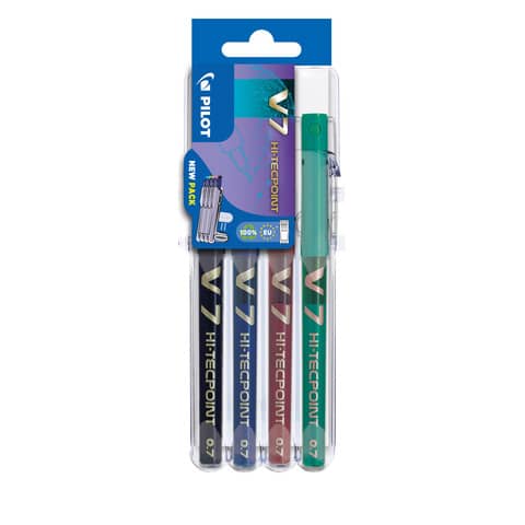 Penna roller a inchiostro liquido Pilot Hi-Tecpoint V7 -  punta 0,7 mm - 4 colori - Set2go 4 pezzi - 011709