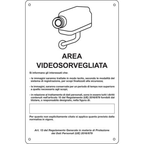 Cartello area video 20x30 cm Immagine bianca Cartelli Segnalatori ''Area sottoposta a videosorveglianza'' - 33328
