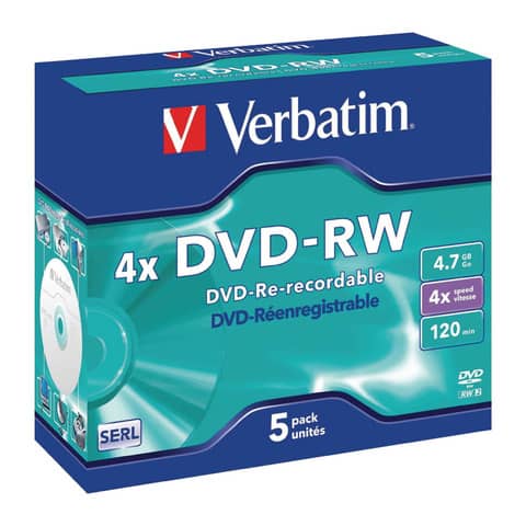 DVD-RW Verbatim Jewel Case 4.7 GB - velocità di scrittura 4x conf. da 5 - 43285
