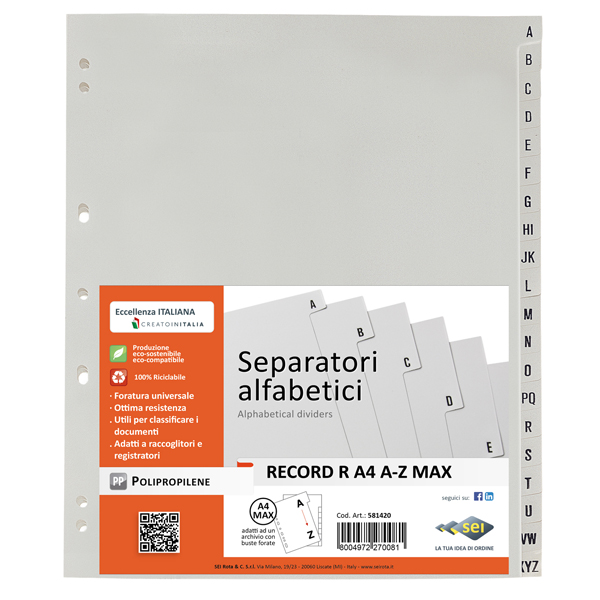 Separatore alfabetico A/Z Record R - PPL - 21 x 29,7 cm - A4 - grigio - Sei Rota