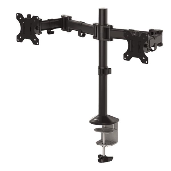 Braccio monitor doppio reflex, stabilizzatore per due schermi da 24-35 pollici, regolazione di altezza e inclinazione, materiali leggeri e ergonomici, ideale per ufficio o casa. 0043859748488 | initpc.it