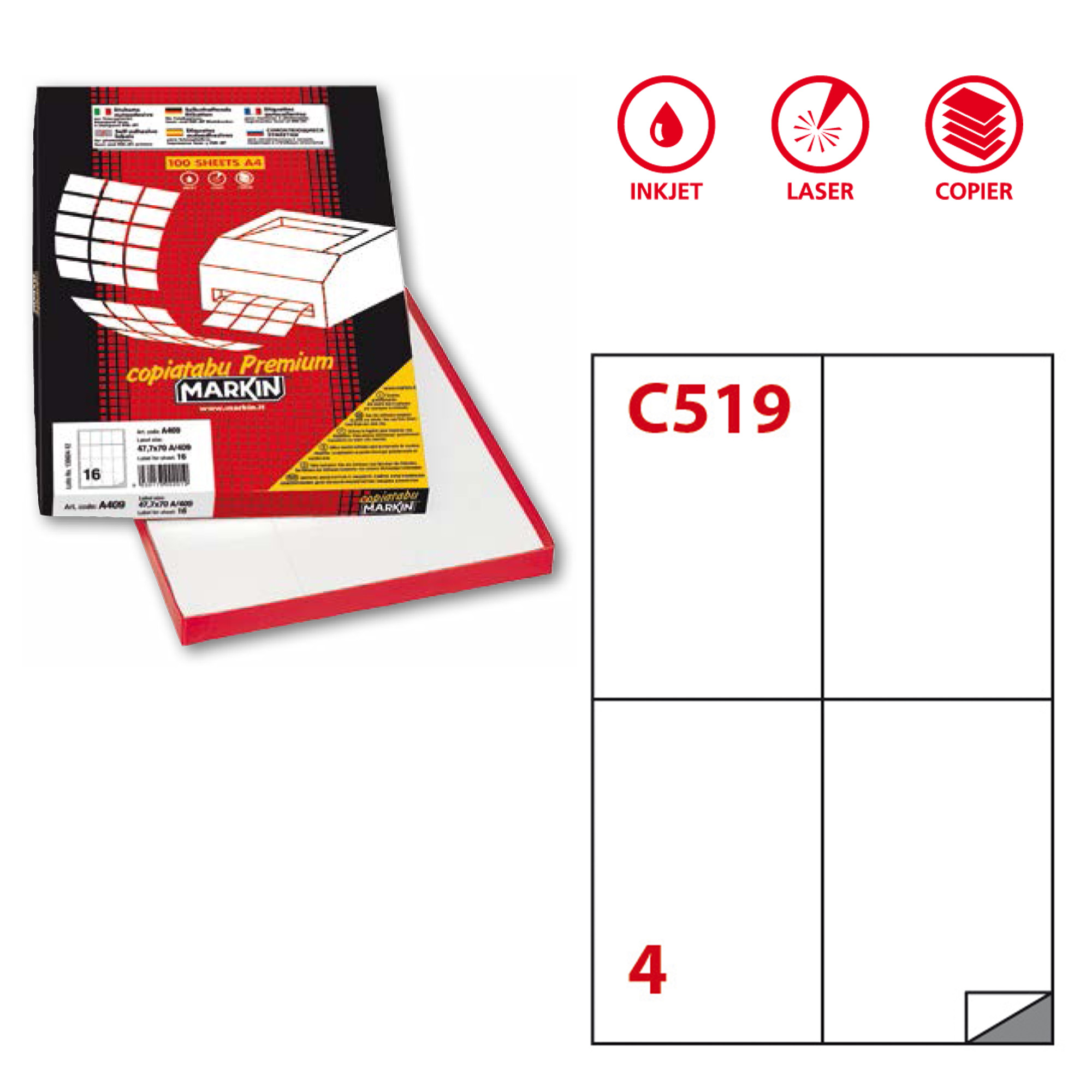 Etichetta adesiva C519 - permanente - 105x148,5 mm - 4 etichette per foglio - bianco - Markin - scatola 100 fogli A4