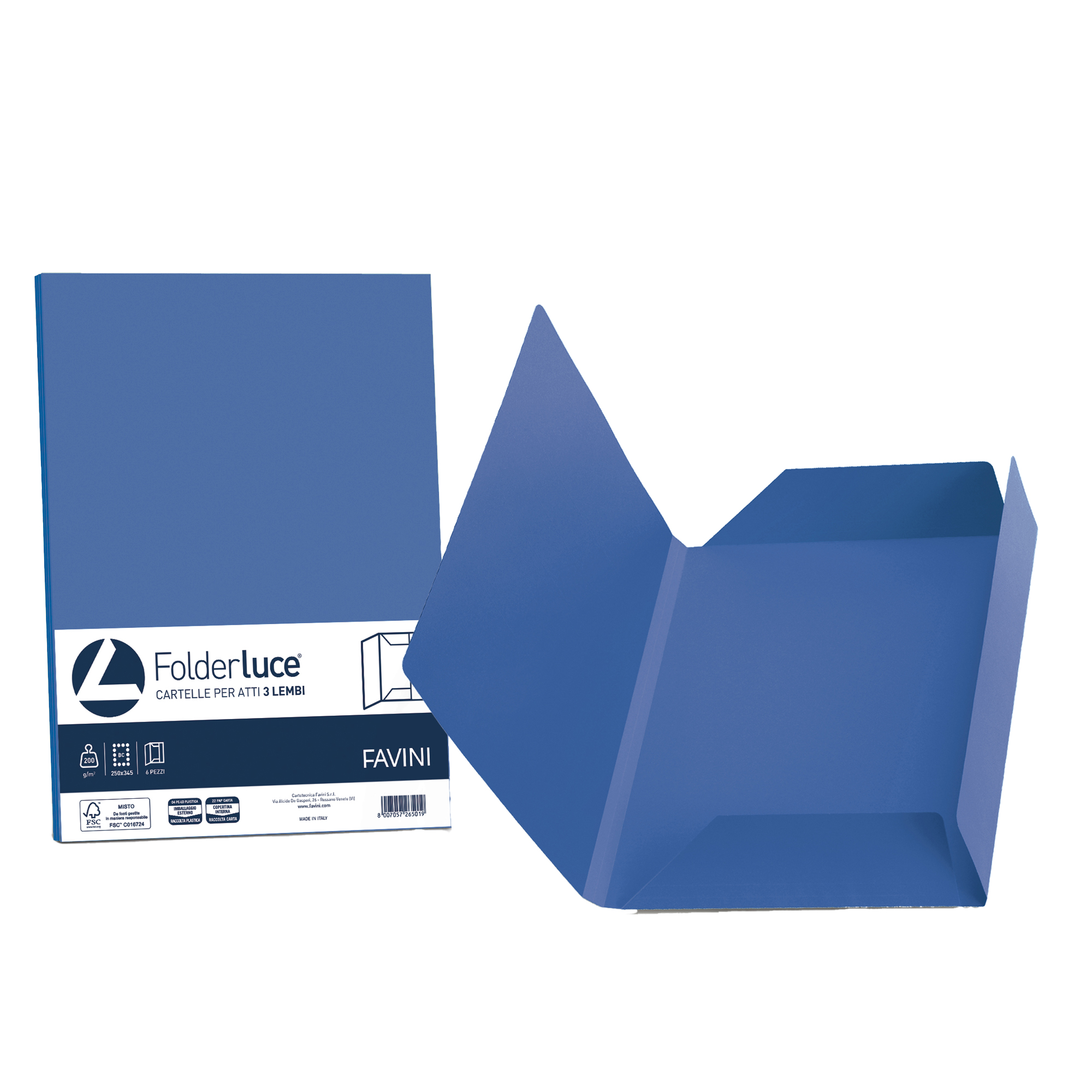 Cartelline 3 lembi Luce - 200 gr - 24,5x34,5 cm - blu prussia - Favini - conf. 25 pezzi