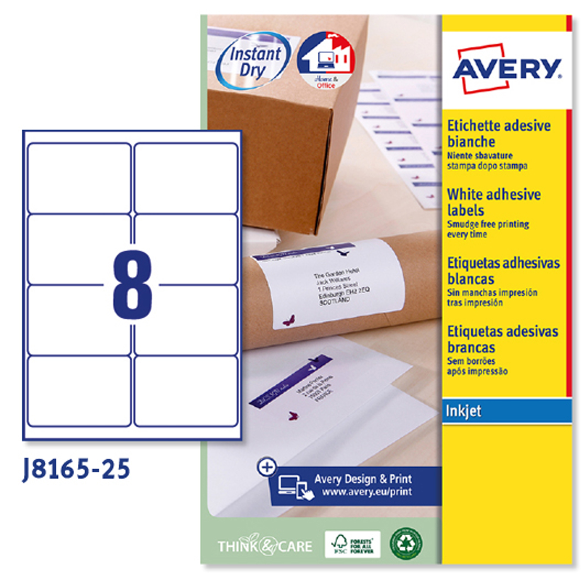 Etichetta adesiva J8165 - permanente - adatta a stampanti inkjet - 99,1x67,7 mm - 8 etichette per foglio - bianco - Avery - conf. 25 fogli A4