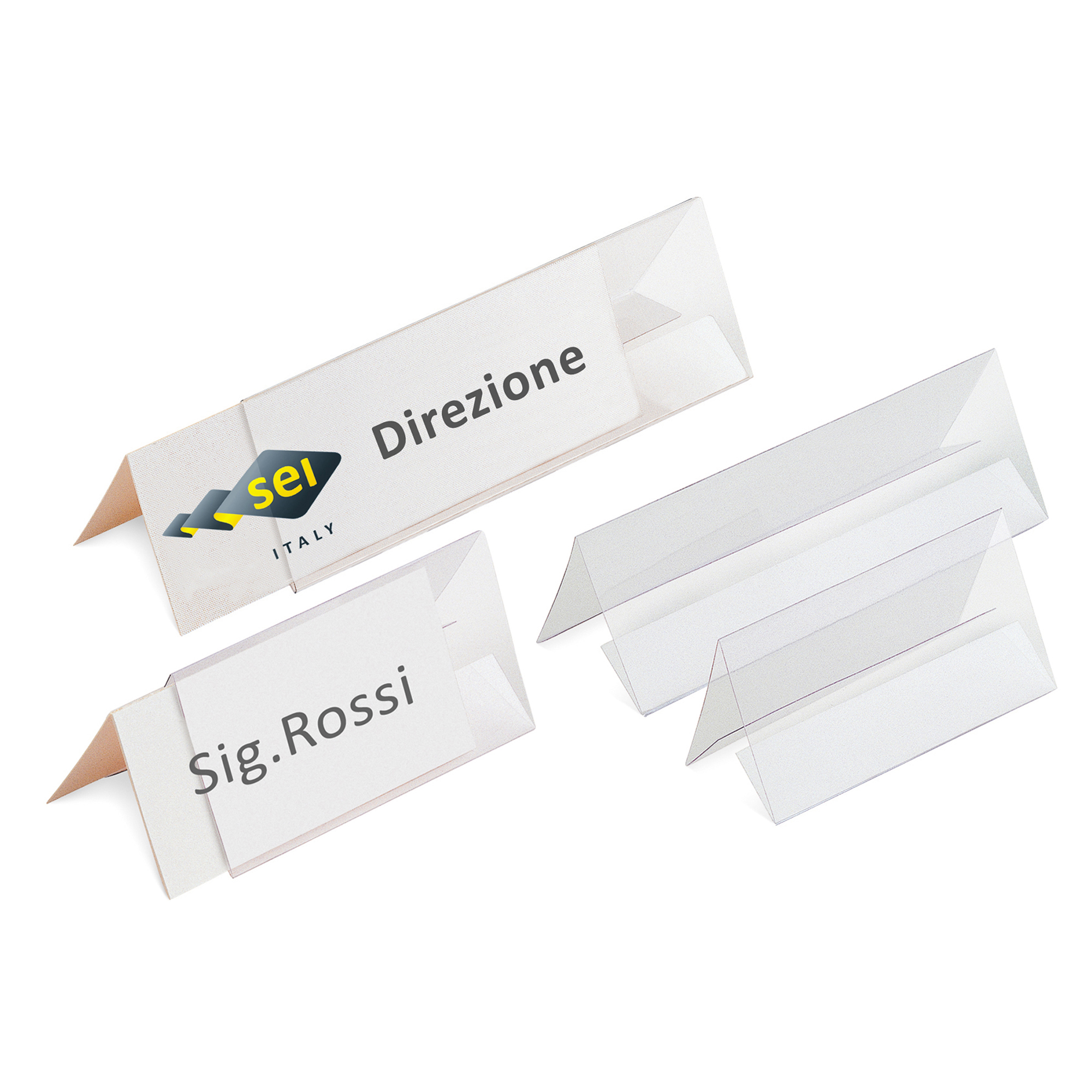 Portanome prisma da tavolo in pvc con etichette 8004972913889