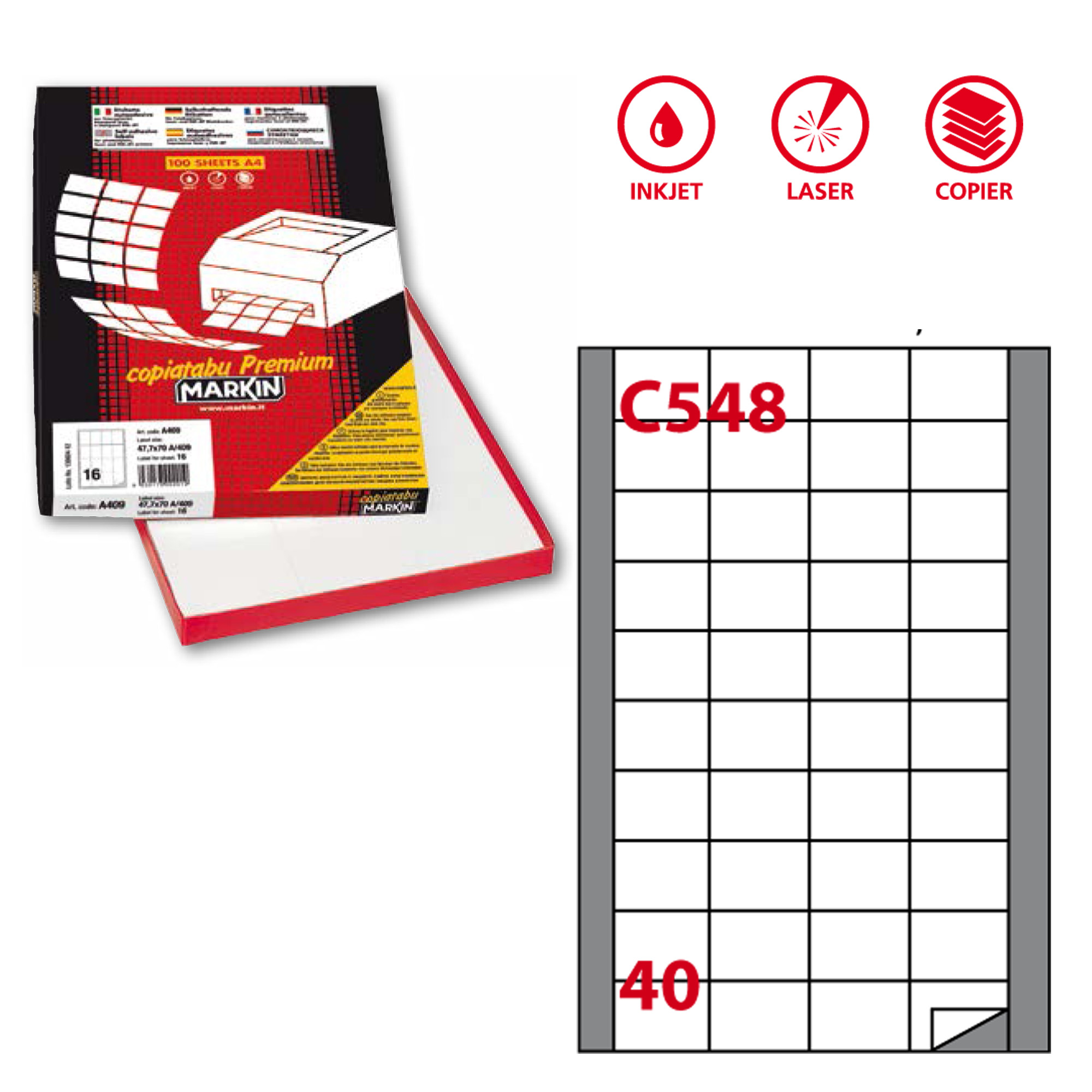 Etichetta adesiva C548 - permanente - 45x29,7 mm - 40 etichette per foglio - bianco - Markin - scatola 100 fogli A4