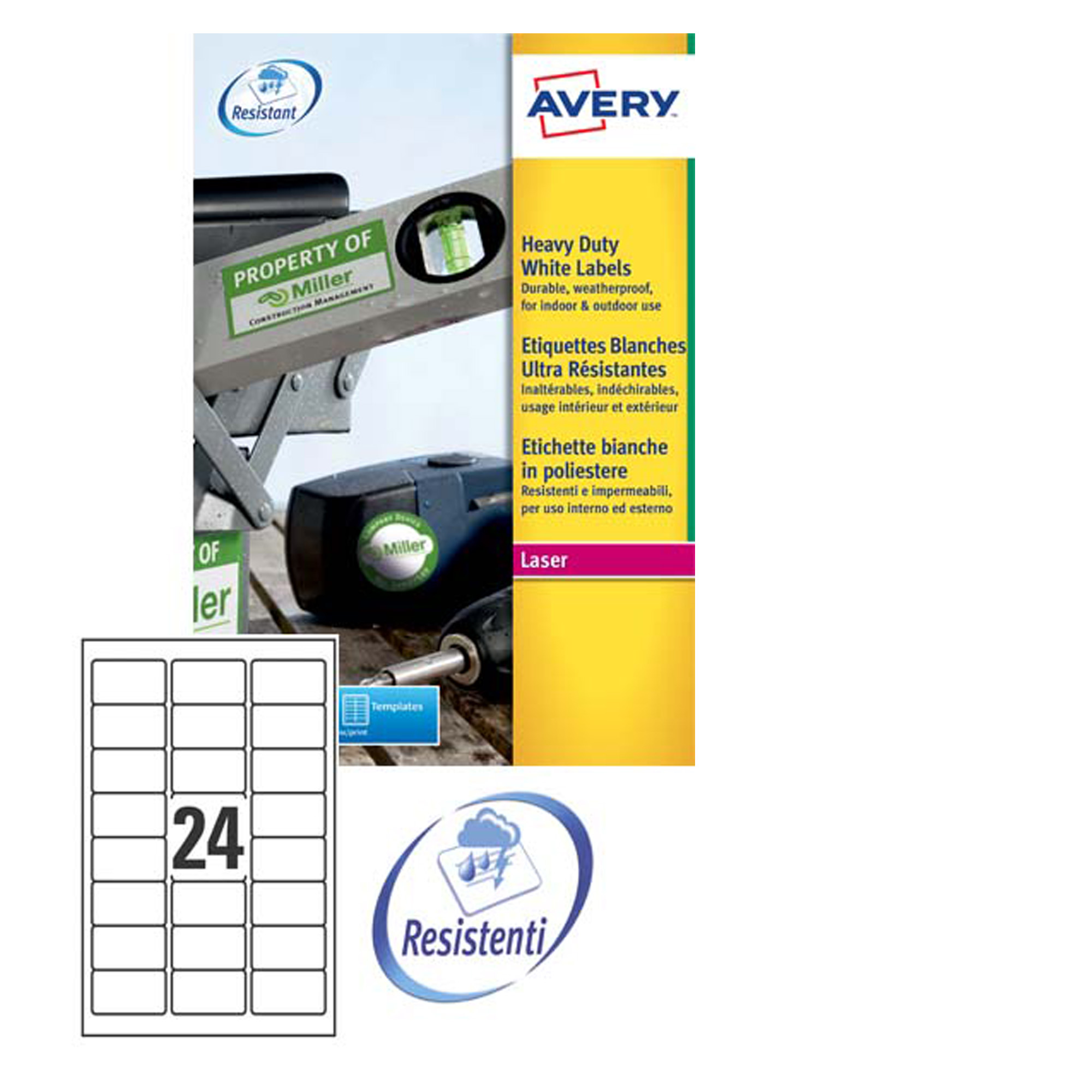 Etichetta in poliestere L4773 - adatta a stampanti laser - permanente - 63,5x33,9 mm - 24 etichette per foglio - bianco - Avery - conf. 20 fogli A4