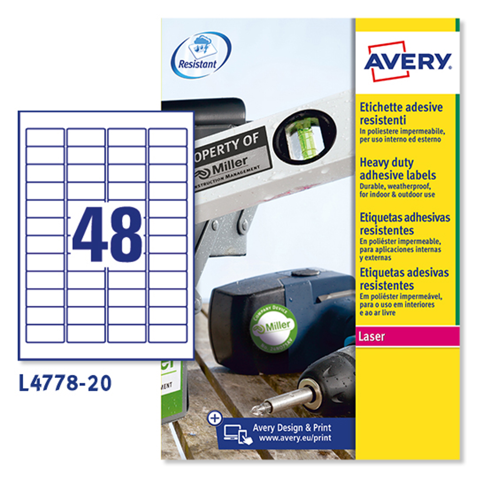 Etichetta in poliestere L4778 - adatta a stampanti laser - permanente - 45,7x21,2 mm - 48 etichette per foglio - bianco - Avery - conf. 20 fogli A4