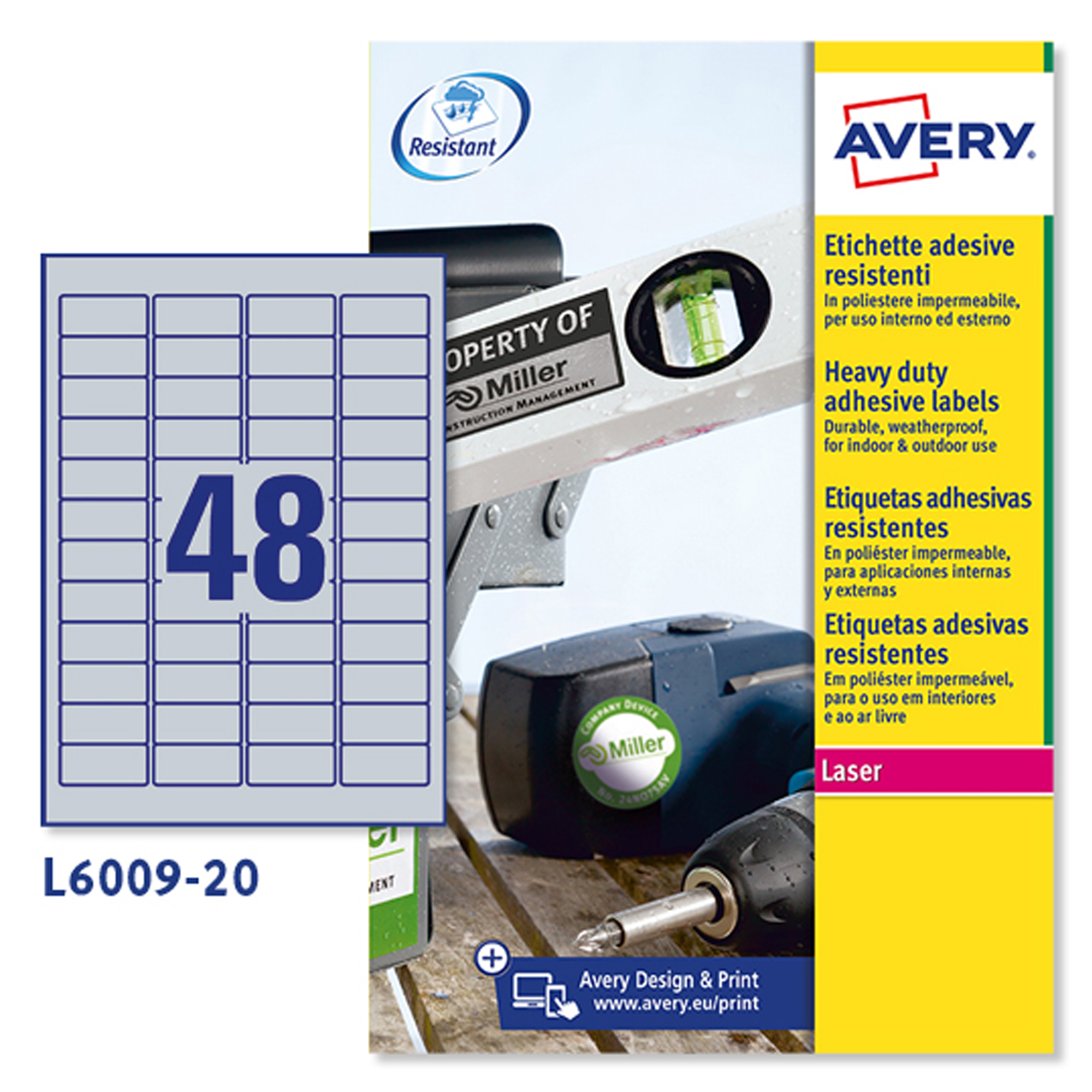 Etichetta in poliestere L6009  - adatta a stampanti laser - permanente - 45,7x21,2 mm - 48 etichette per foglio - argento - Avery - conf. 20 fogli A4