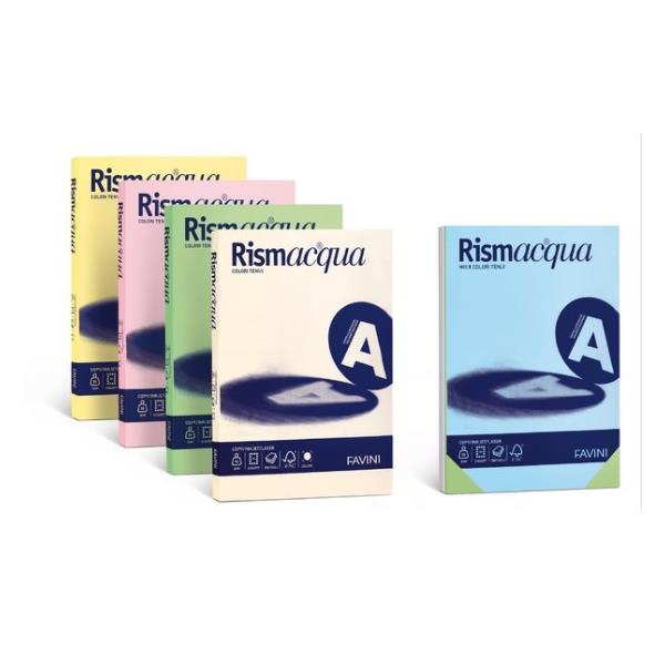Carta fotocopie colorata Rismacqua, peso 200g/m², formato A4, con texture camoscio, contenente 125 fogli, marca Favini, codice prodotto A67R104. 8007057618341 | initpc.it