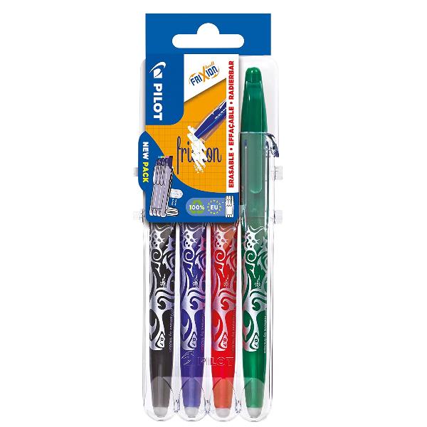Set di penne a sfera cancellabili Frixion Ball da 0,7 mm in diverse colorazioni (nero, blu, rosso e verde) della marca Pilot. 3131910546795 | initpc.it