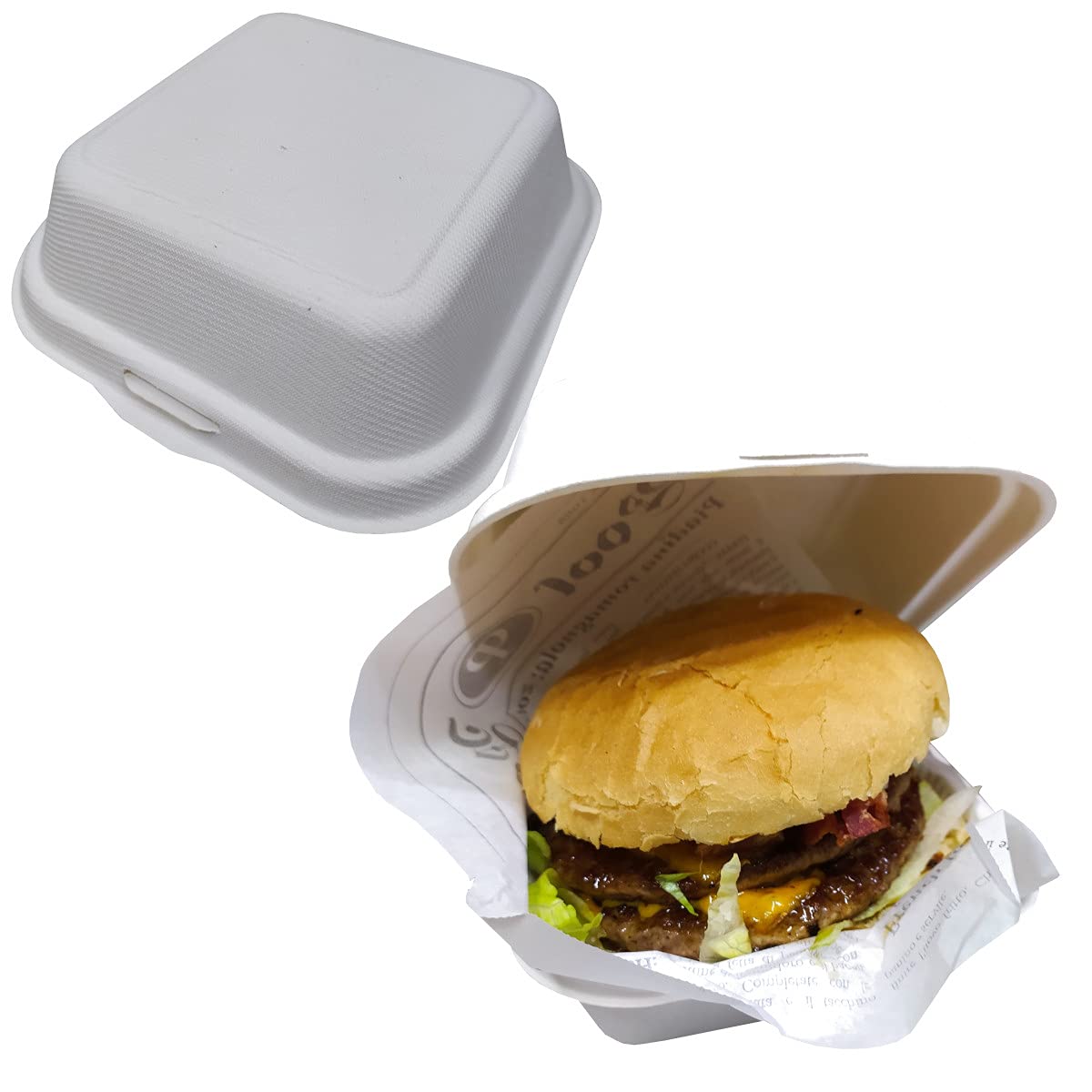 Box hamburger bio-compostabili ecoCanny Take Away bianco 150x150x80 mm conf. 50 pz - ECO‐HB06