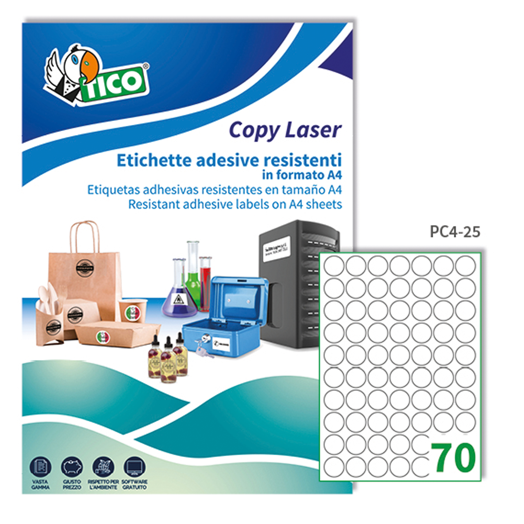 Etichetta in poliestere PC4 - adatta a stampanti laser - permanente - D 25 mm - 70 etichette per foglio - trasparente - Tico - conf. 100 fogli A4