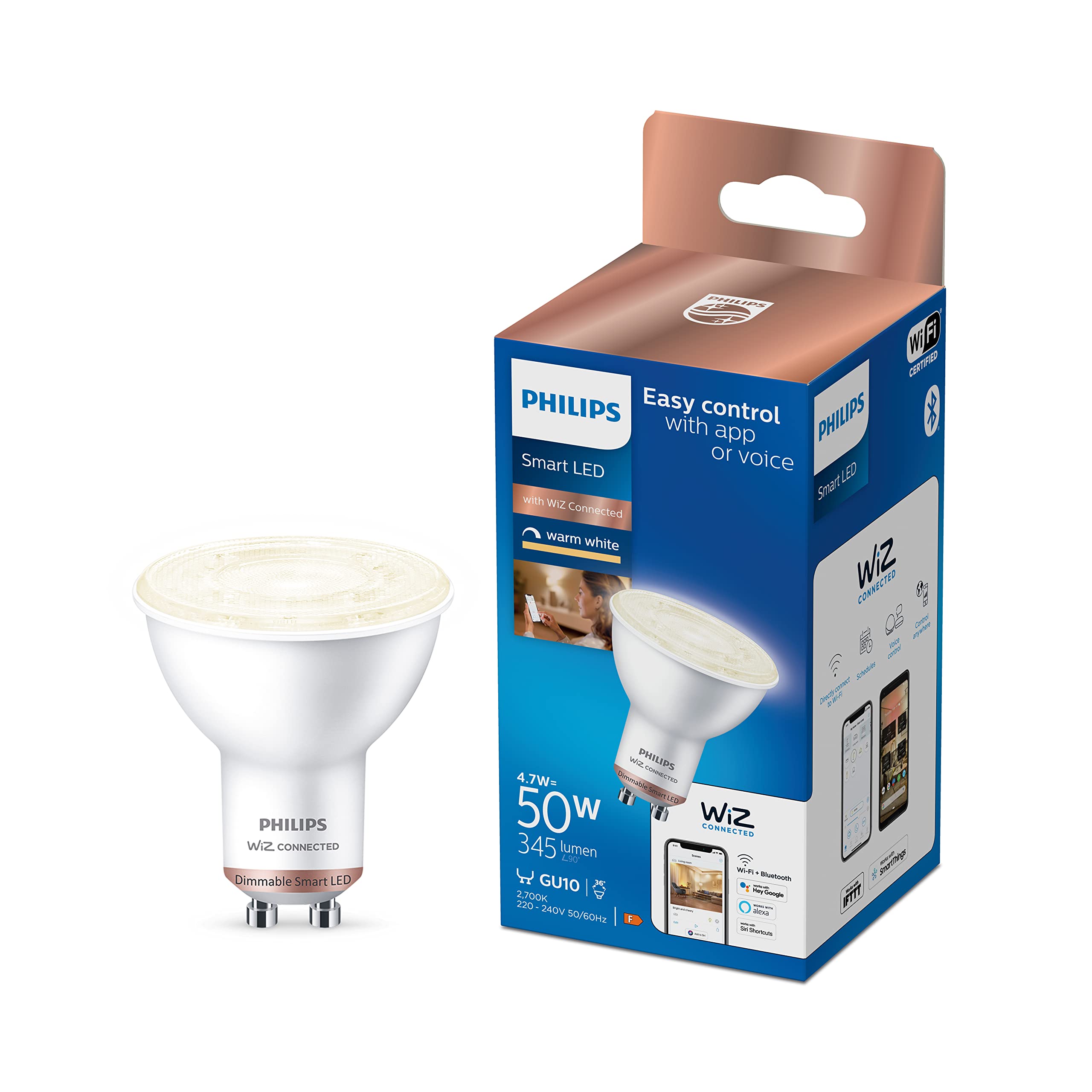 LED Smart Dimmabile GU10 50W, luminaria a basso consumo energetico da parete per interni, compatibile con smart home e dispositivi di controllo di luce Philips 8719514372306 | initpc.it