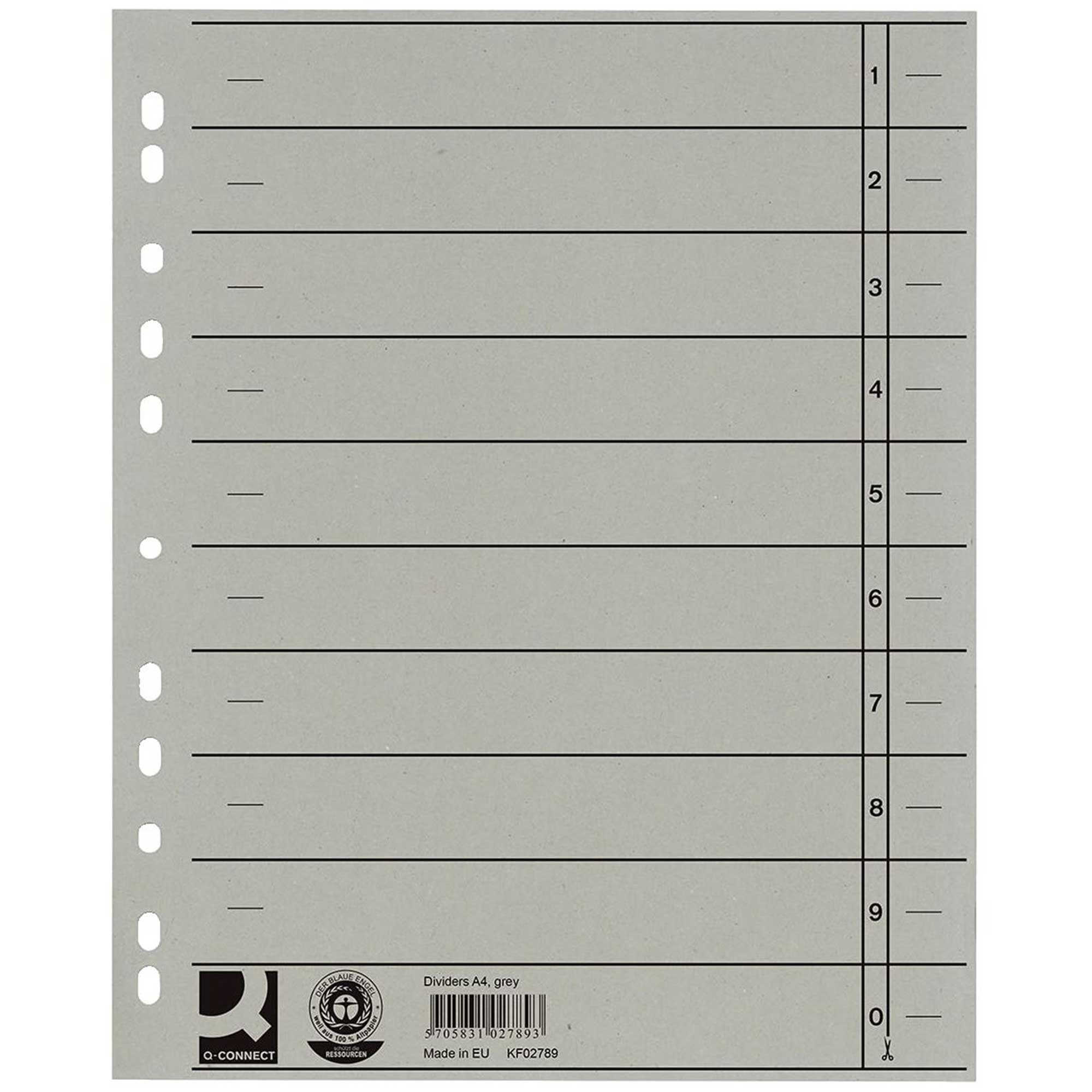 Separatore per archivio con perforazione universale Q-Connect 24x30 cm 230 g/m² grigio  conf. da 100 - KF02789