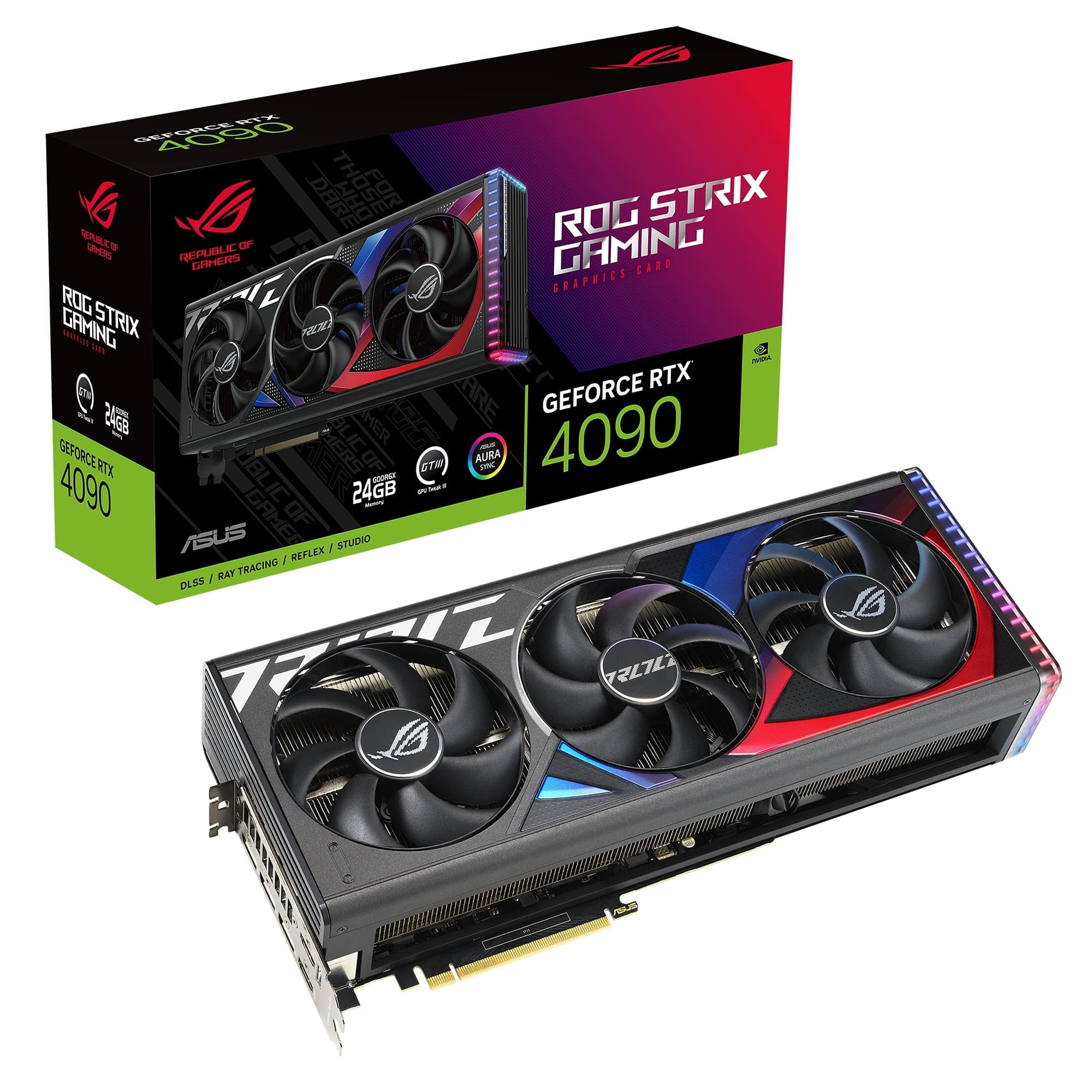 GPU ASUS ROG STRIX RTX 4090 da 24GB GDDR6X, perfetta per gaming e rendering 3D con NVIDIA GeForce RTX 4090, architettura Ada Lovelace, memoria 24GB, interfaccia PCIe x16, velocità massima di 1.7 GHz 4711081936893 | initpc.it