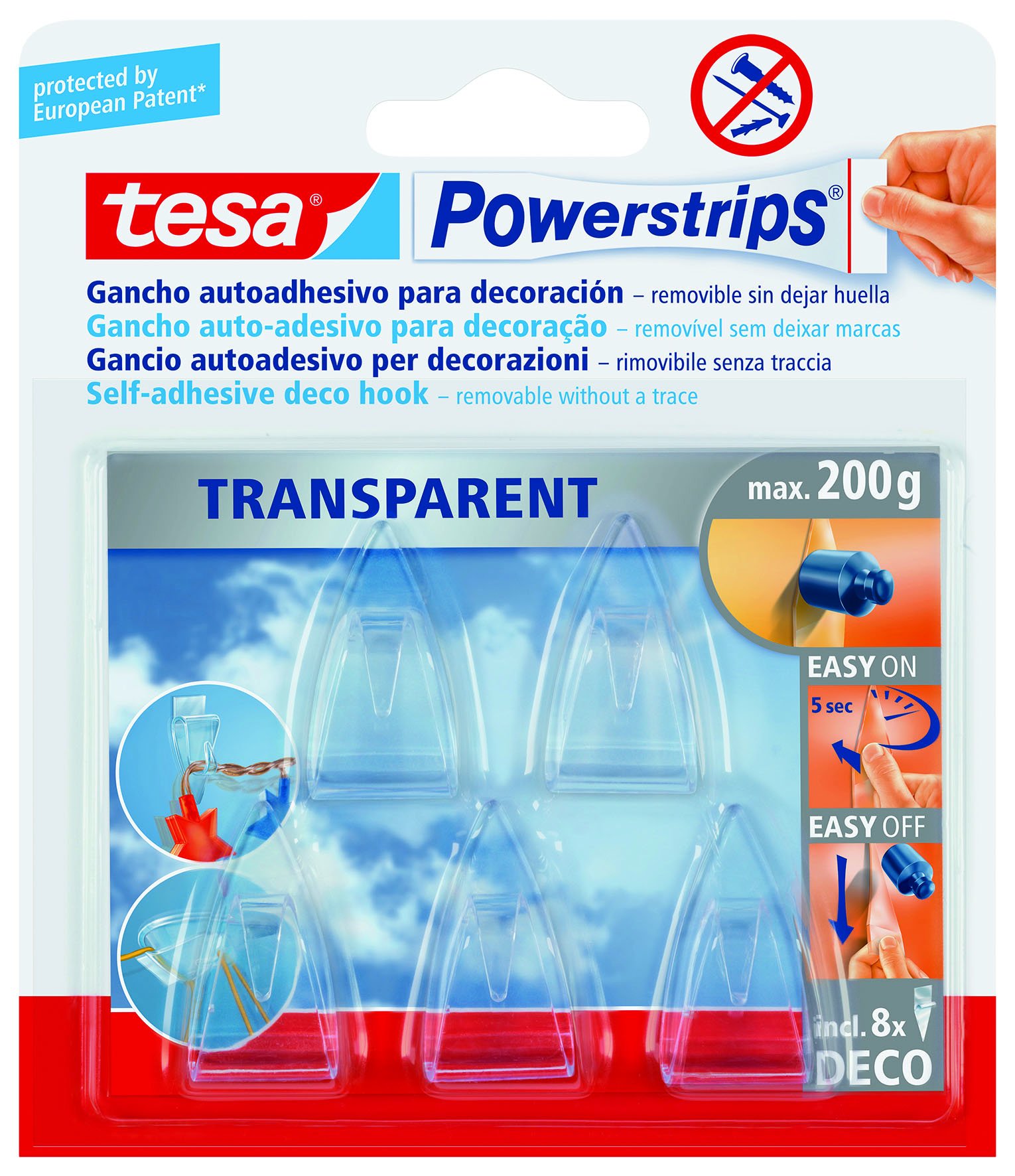 Ganci deco powerstrips pz.5 con 8 strisce biadesive trasparenti