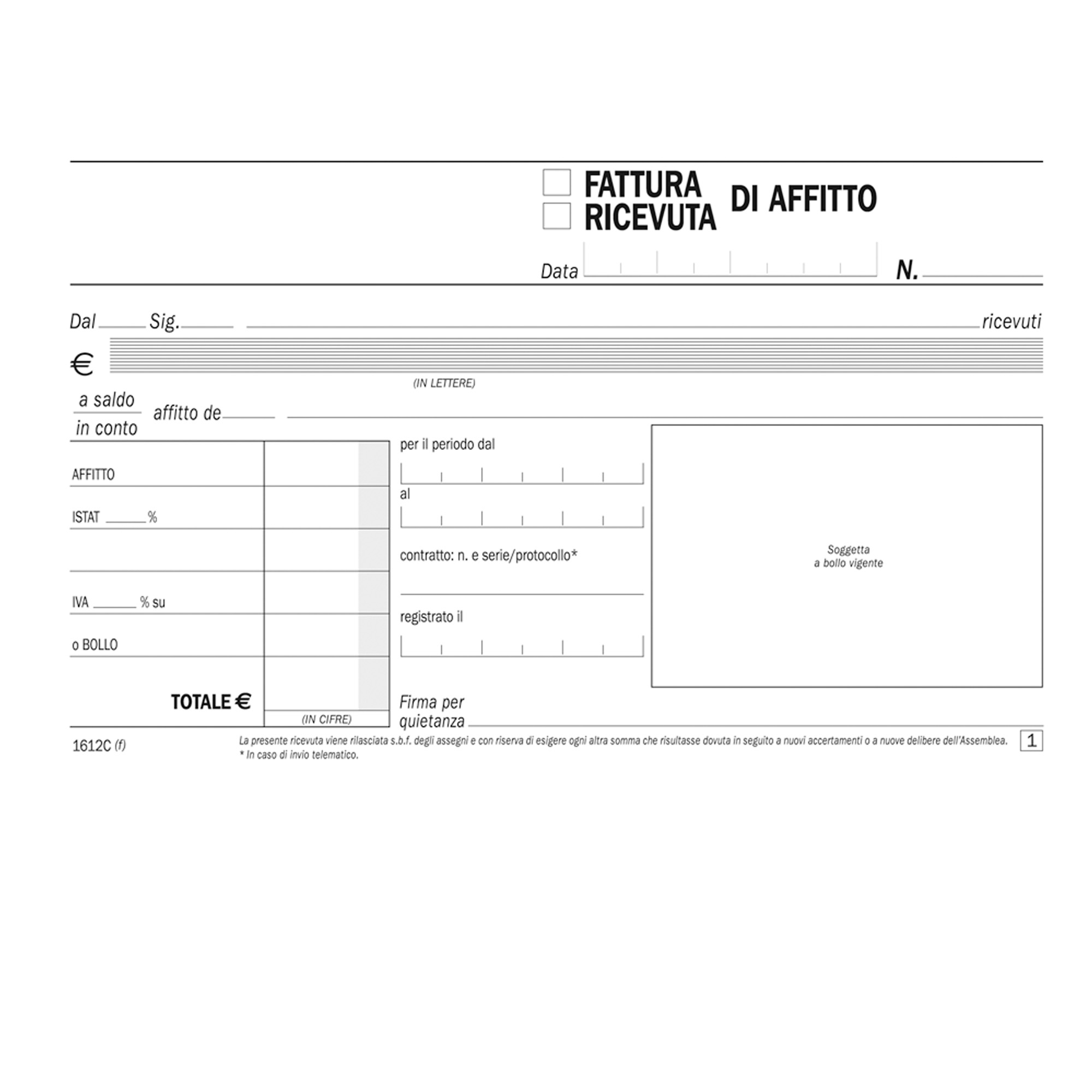 Blocco ricevute/ fatture di affitto - 50/50 copie autoricalcanti - 16,8 x 10 cm - DU1612C0000 - Data Ufficio