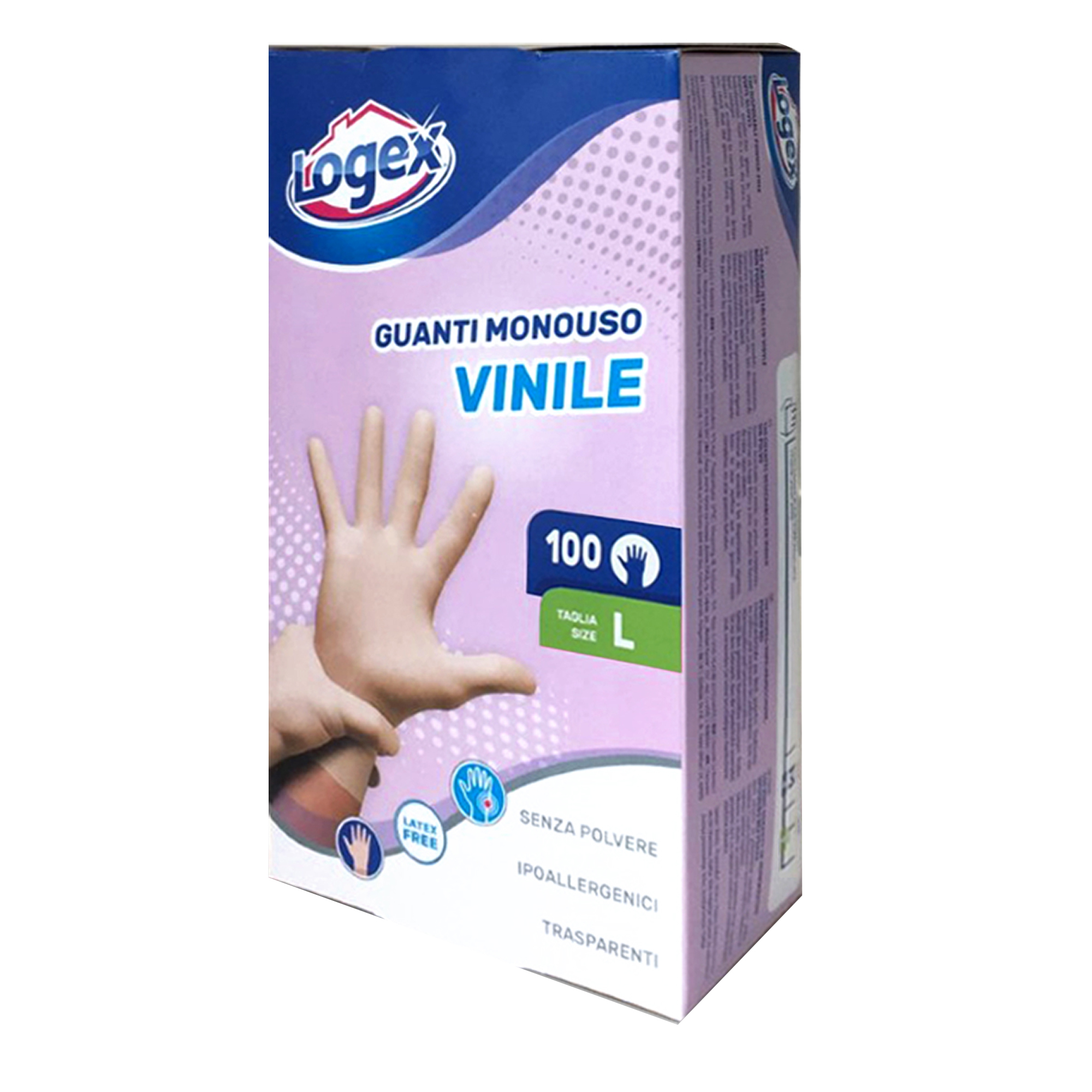 Guanti monouso vinile grandi senza talco logex professional 08003350550821