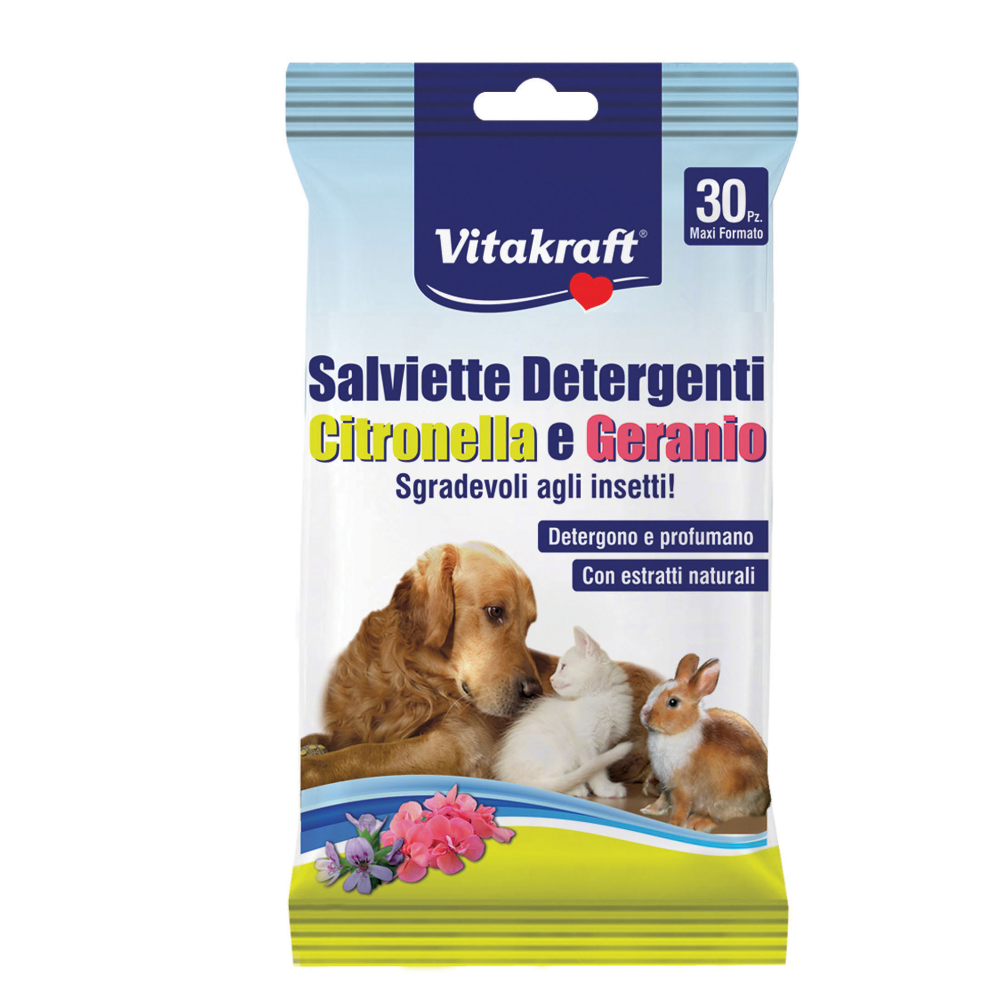Salviette detergenti per pelo di animali (cani, gatti, roditori) - citronella e geranio - Vitakraft - conf. 30 pezzi