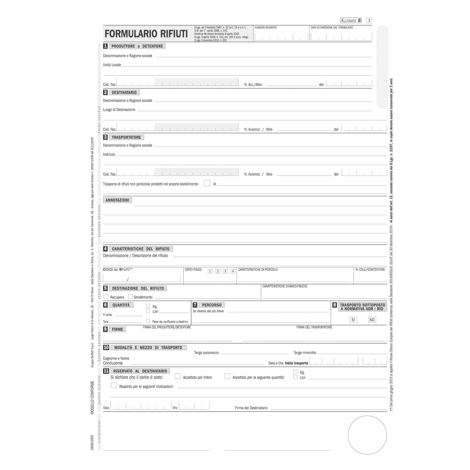Formulario identificazione rifiuti 25x4 copie autoric.DU16581030F Data Ufficio