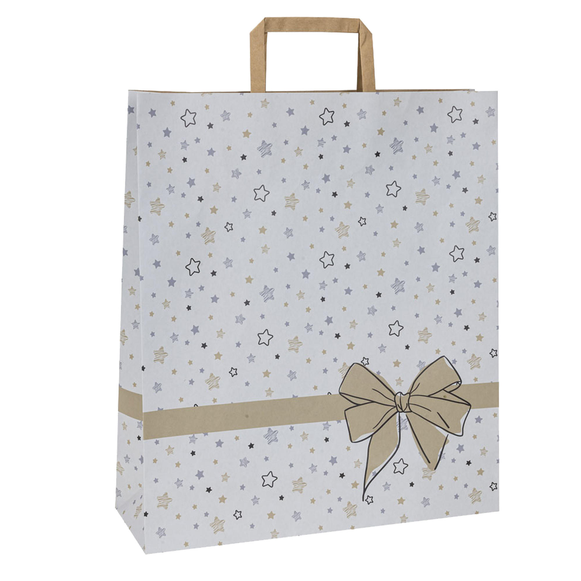 Shoppers - con maniglie piattina - carta - 26 x 11 x 34,5 cm - fantasia stellata - bianco - Mainetti Bags - conf. 25 pezzi