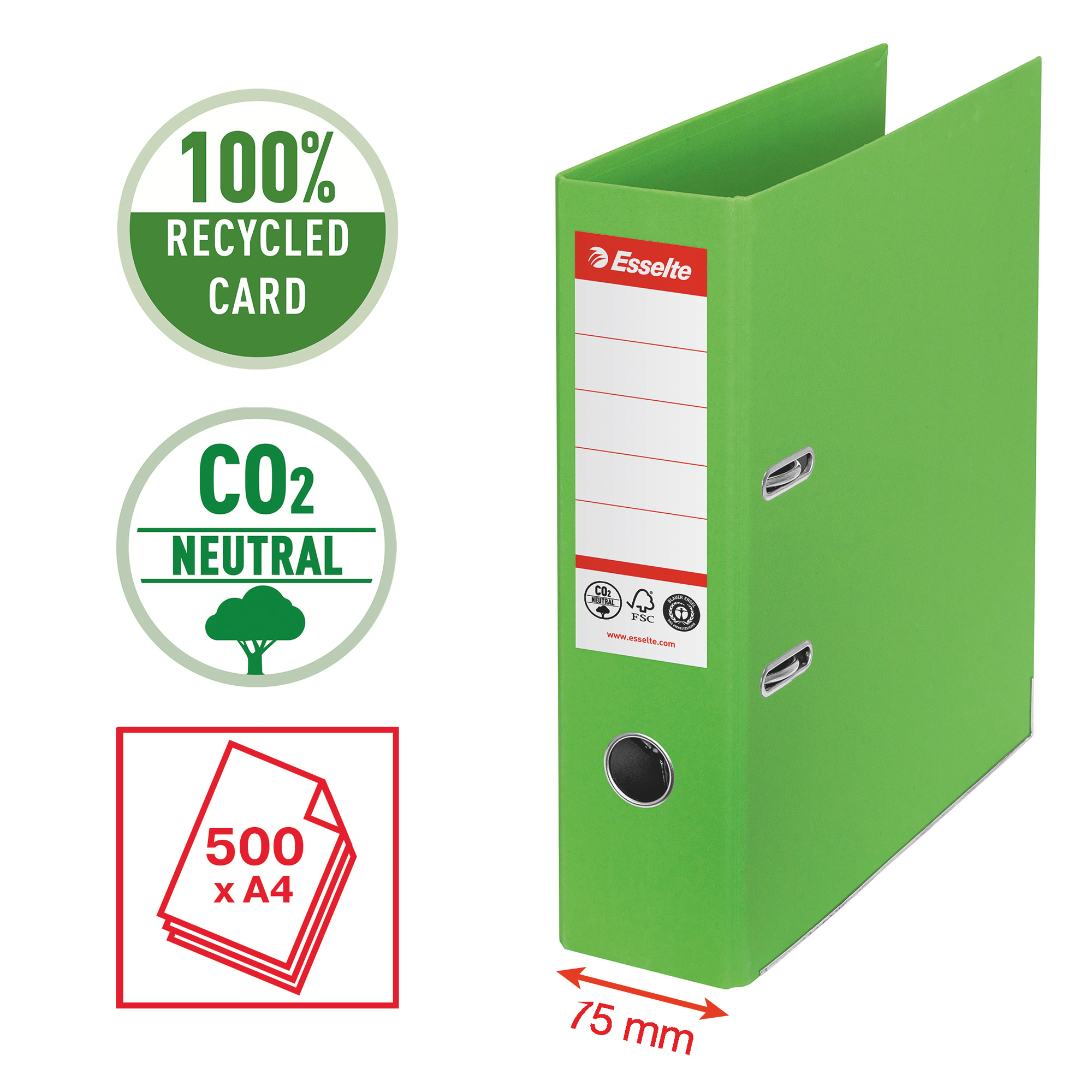 Registratore a leva - CO2 neutral - A4 - dorso 75 mm - verde - Esselte