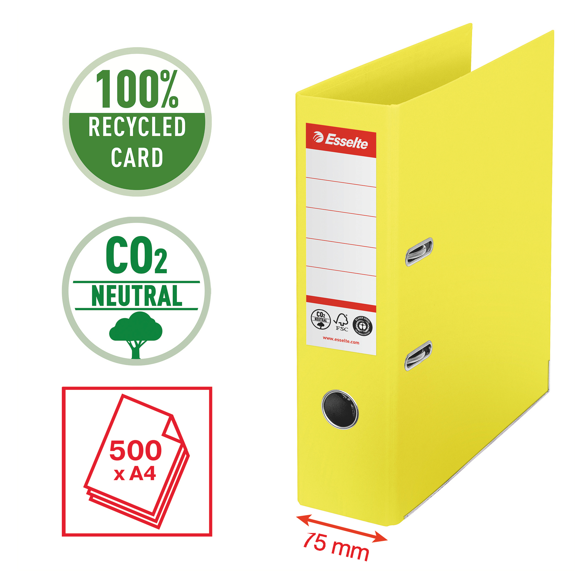 Registratore a leva - CO2 neutral - A4 - dorso 75 mm - giallo - Esselte