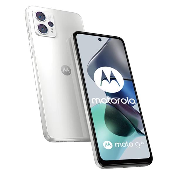 Moto G23 Lucente, bianco, dispositivo Android con schermo da 6.5 pollici, processore Qualcomm Snapdragon, memoria interna di 8GB e storage di 128GB. 0840023238789 | initpc.it