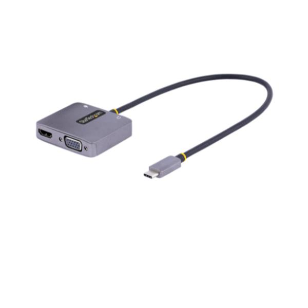 Adattatore USB-C a HDMI e VGA, compatibile con dispositivi che utilizzano portata USB-C come ad esempio MacBook, per connettersi a monitor o proiettori tramite cavi HDMI o VGA. Marca: StarTech. 0065030895590 | initpc.it