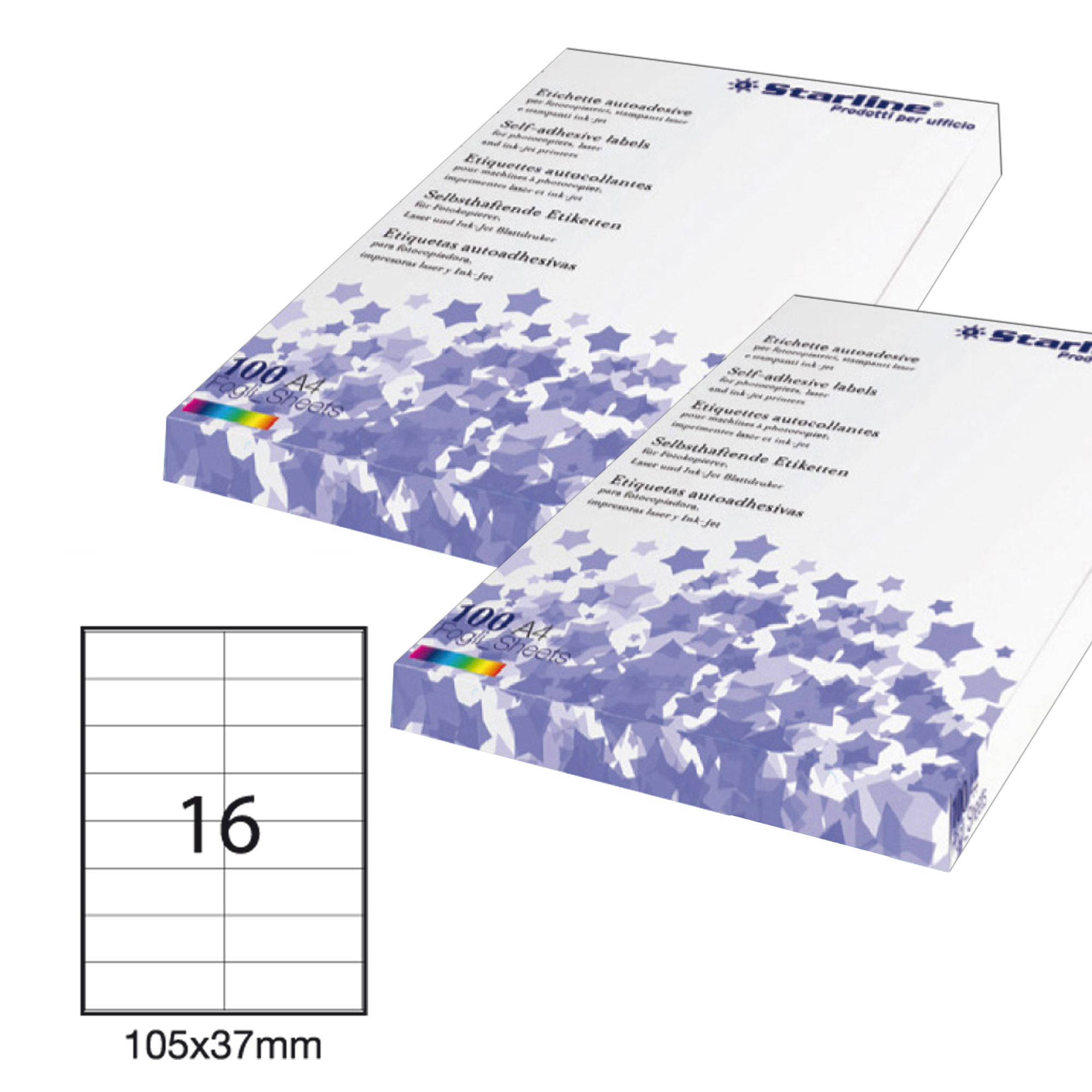 Etichetta adesiva - permanente - 105x37 mm - 16 etichette per foglio - bianco - Starline - conf. 100 fogli A4