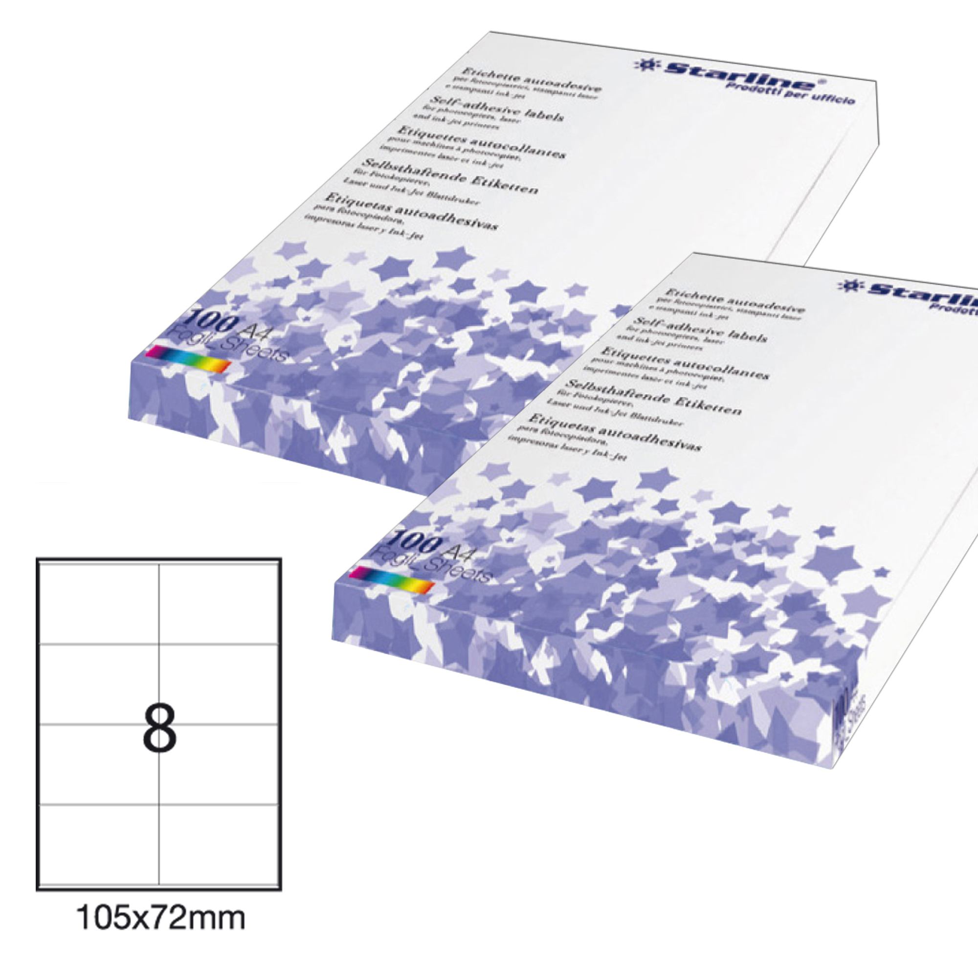 Etichetta adesiva - permanente - 105x72 mm - 8 etichette per foglio - bianco - Starline - conf. 100 fogli A4