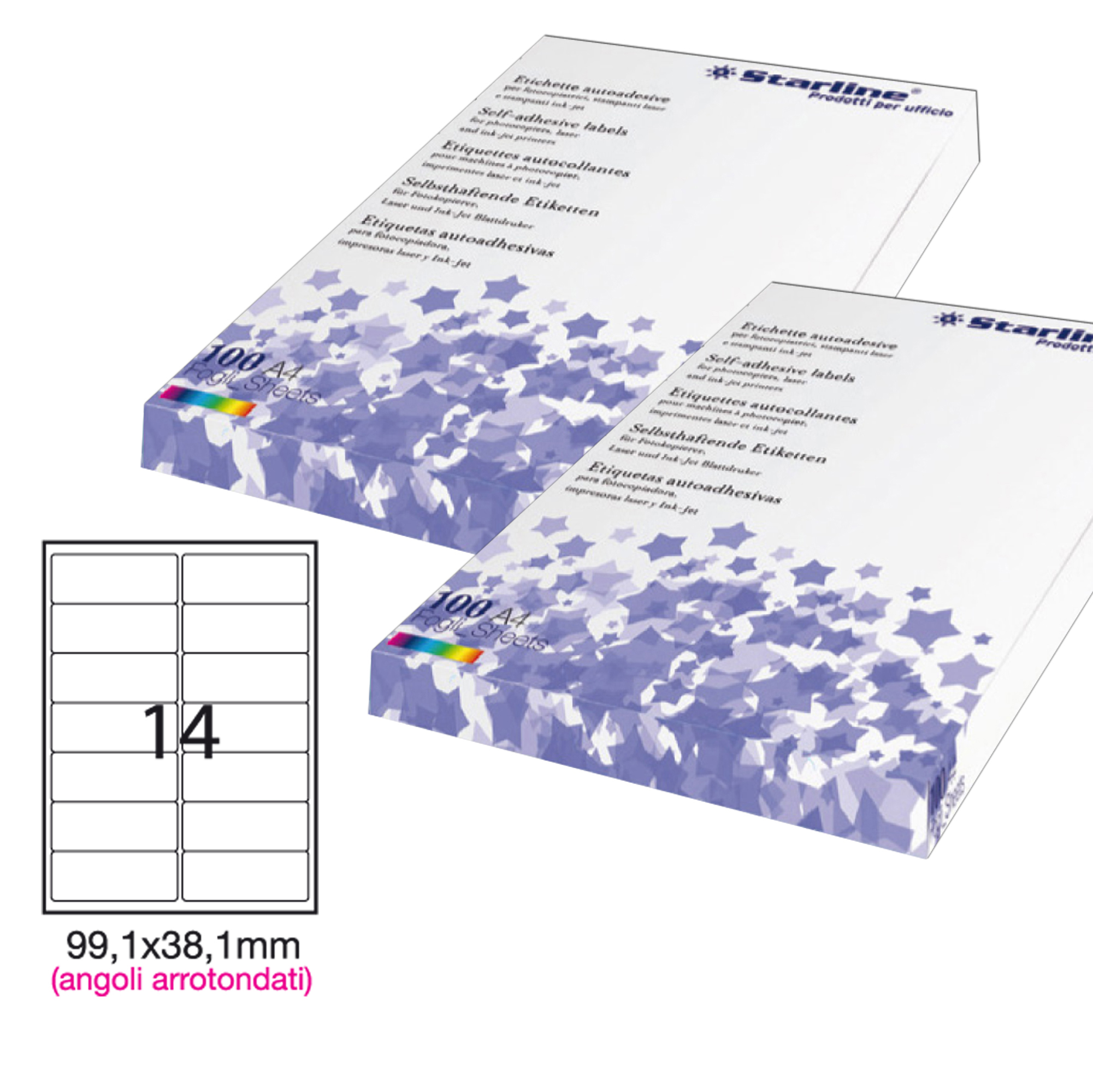 Etichetta adesiva Starline - bianco - 99.1x38.1 mm - angoli tondi - 14 etichette per foglio - conf. 100 fogli A4