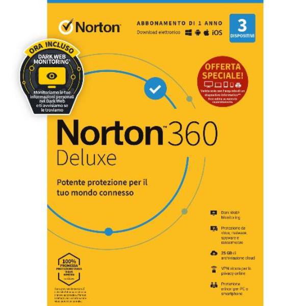 Norton360 DLX, protezione avanzata per computer e dispositivo, 25 GB di spazio di archiviazione cloud, attacchi a livello aziendale 5397231017224 | initpc.it